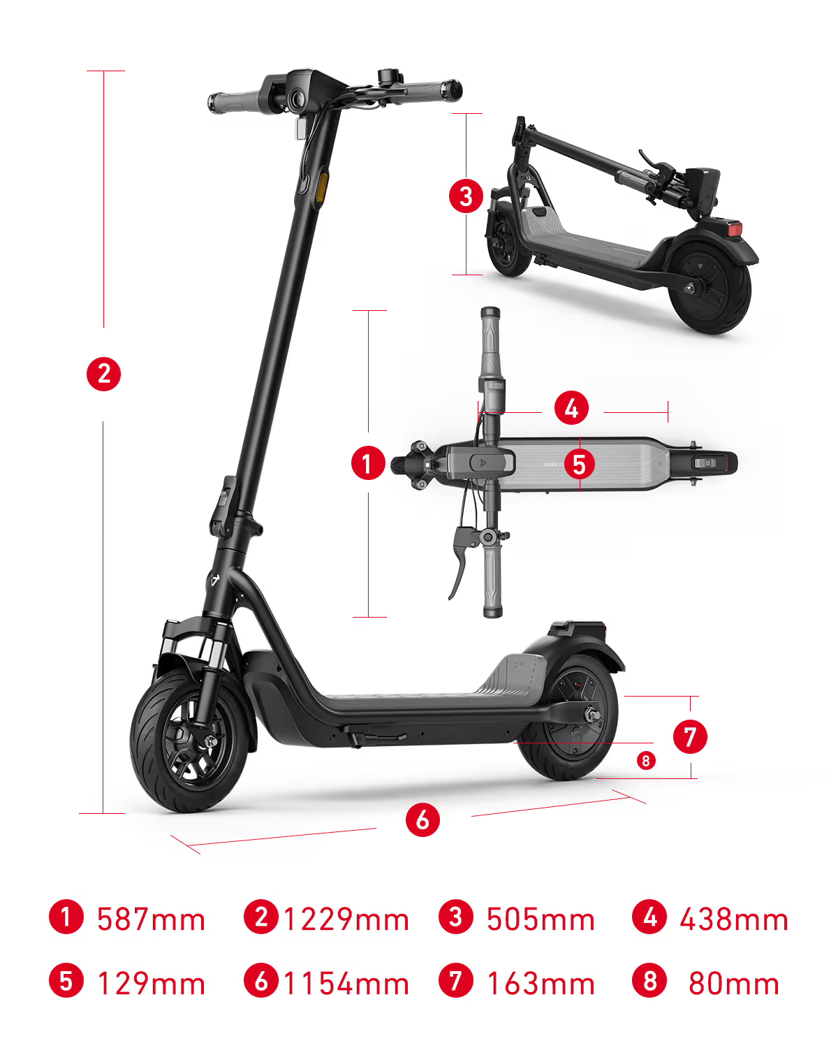 Egy fekete elektromos roller méretekkel. Elölnézet, oldalnézet és felülnézet.
