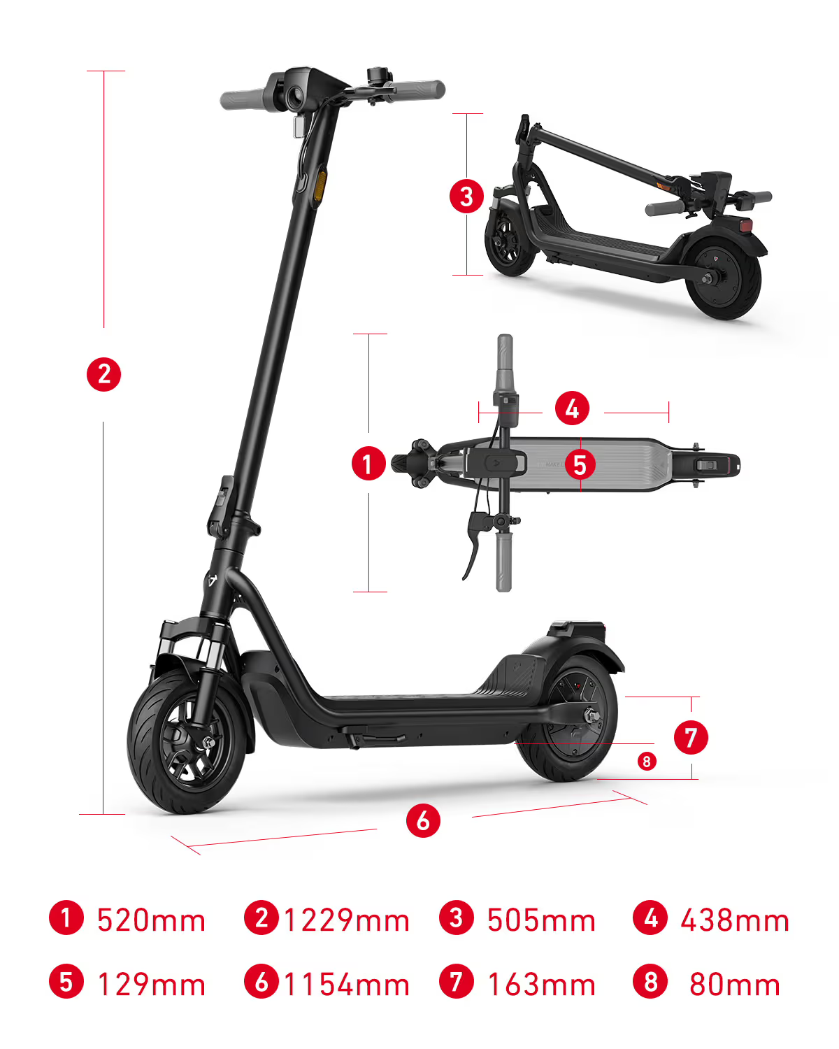 Egy fekete elektromos roller számozott méretekkel. Hosszúságok és szélességek láthatók.