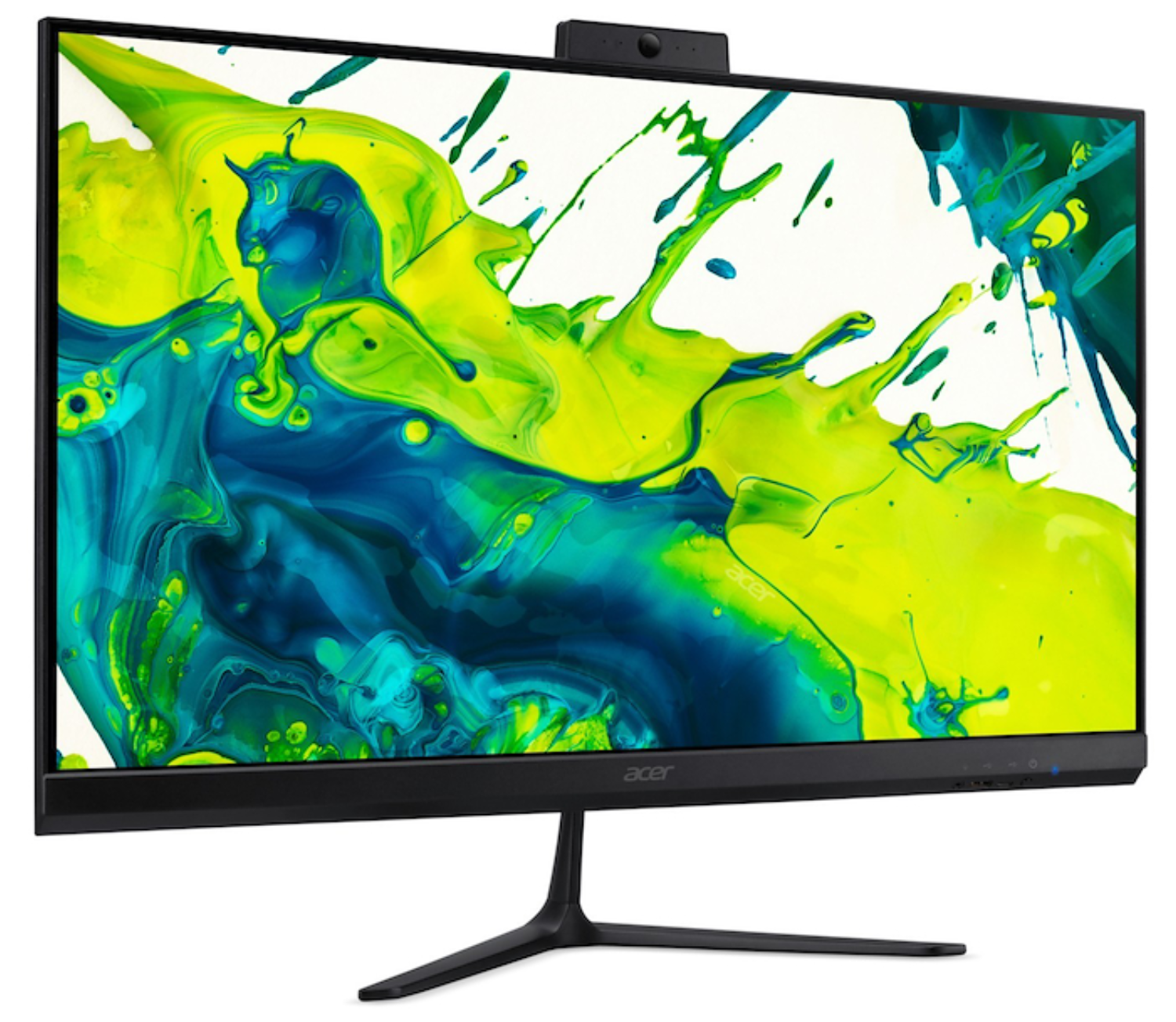 Un monitor Acer con un diseño abstracto de salpicaduras amarillas y azules.