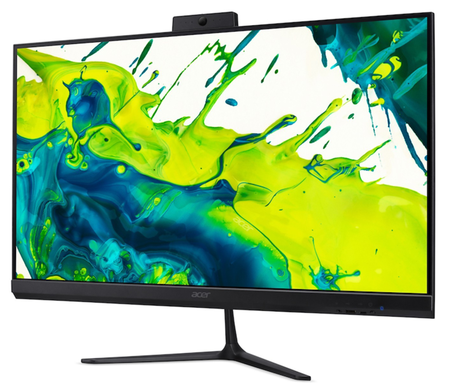 Un ordenador todo en uno Acer con un vibrante fondo de arte abstracto y una webcam.