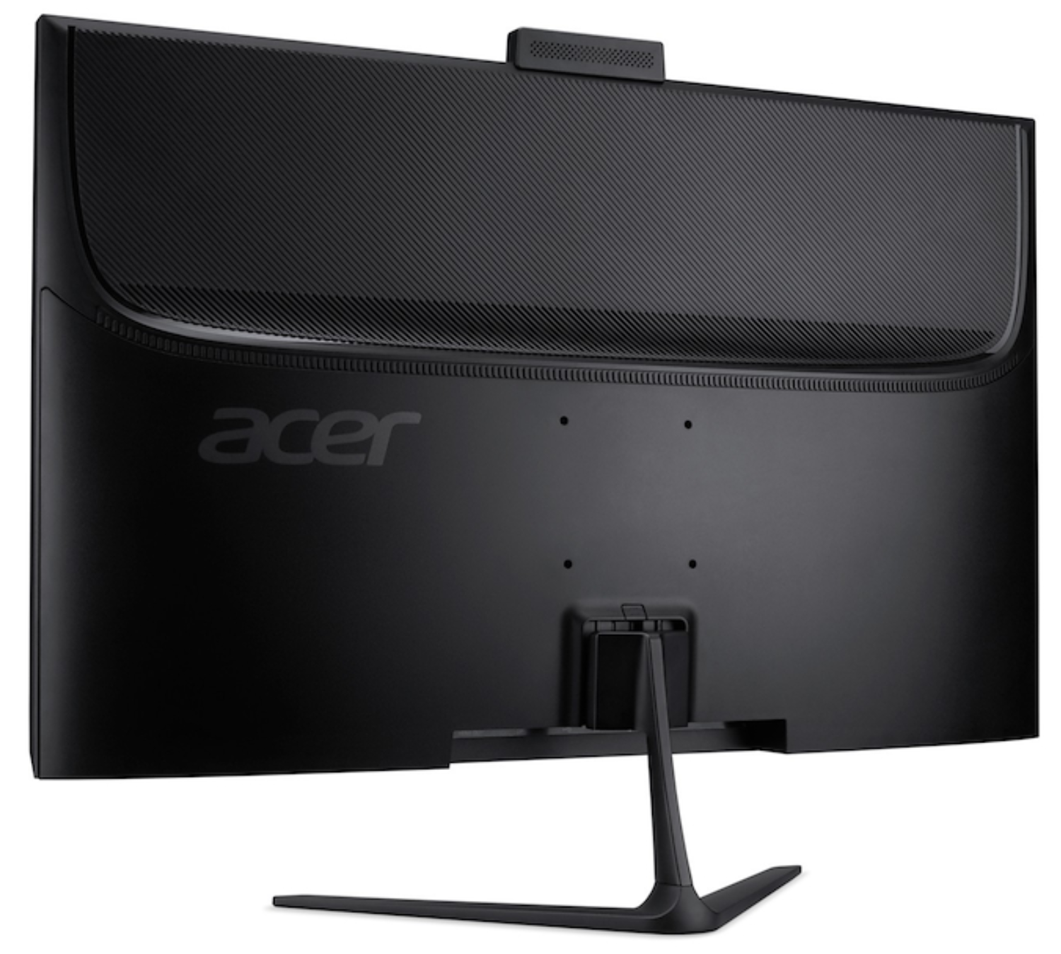 Vista trasera de un monitor Acer negro con webcam integrada y soporte plateado.