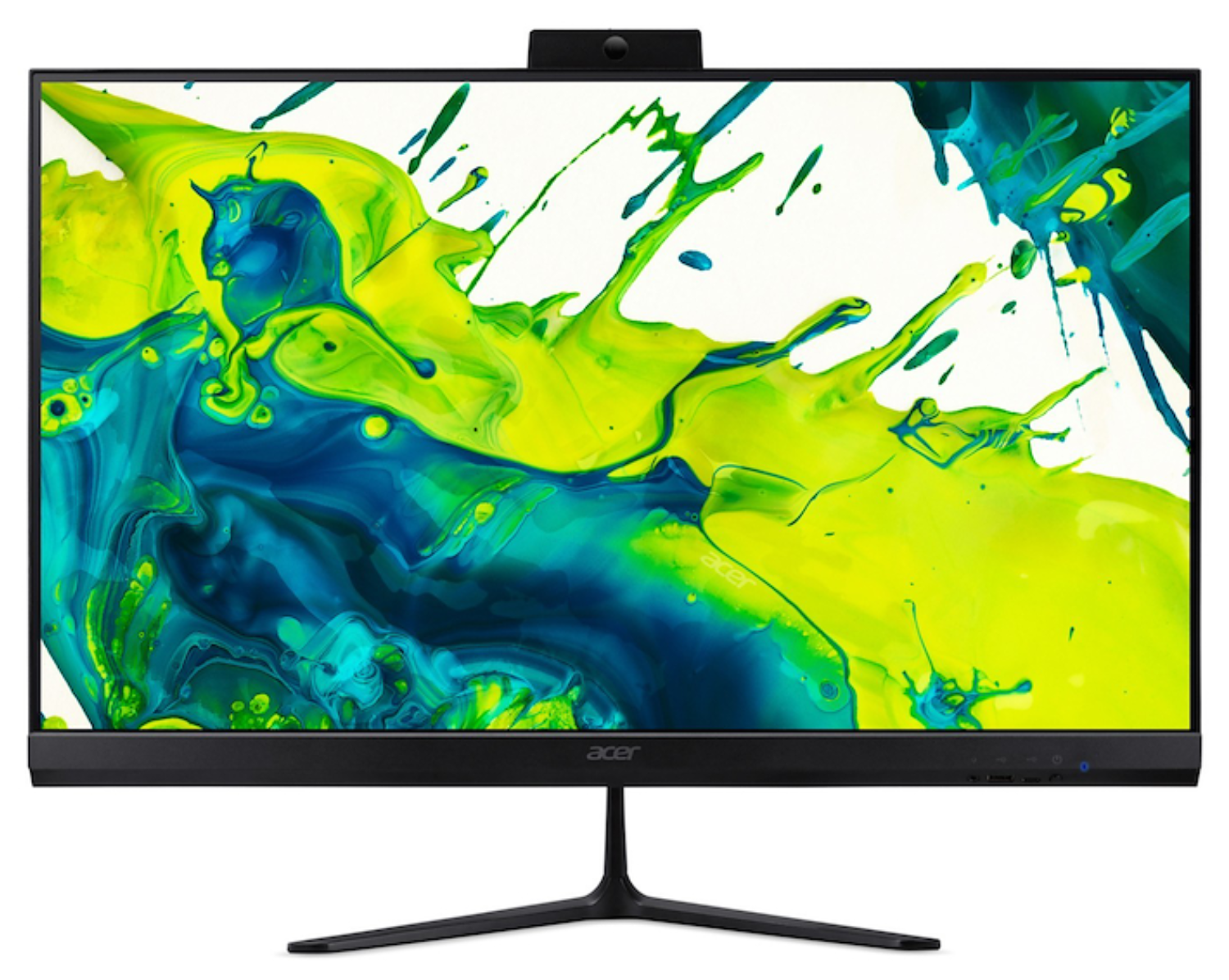 Un ordenador todo en uno Acer negro que muestra un fondo abstracto de salpicaduras de pintura.