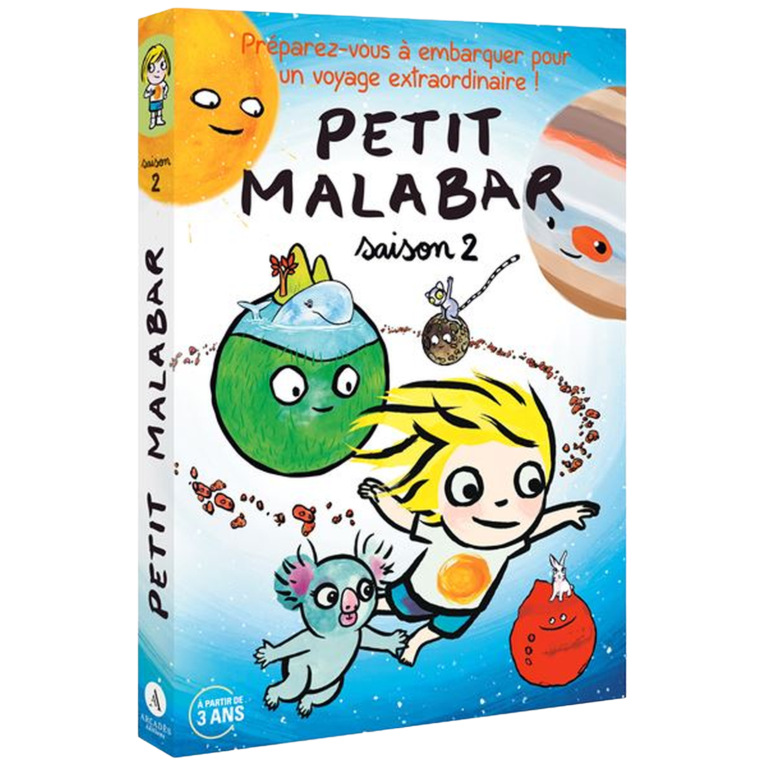 Couverture colorée de Petit Malabar saison 2 avec enfants, koala, baleine, soleil et planètes.