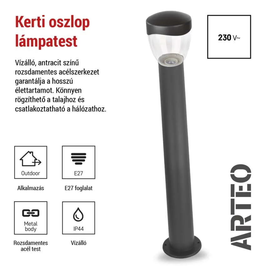 Sötétszürke, 230V, E27, IP44 kültéri rozsdamentes oszloplámpa.