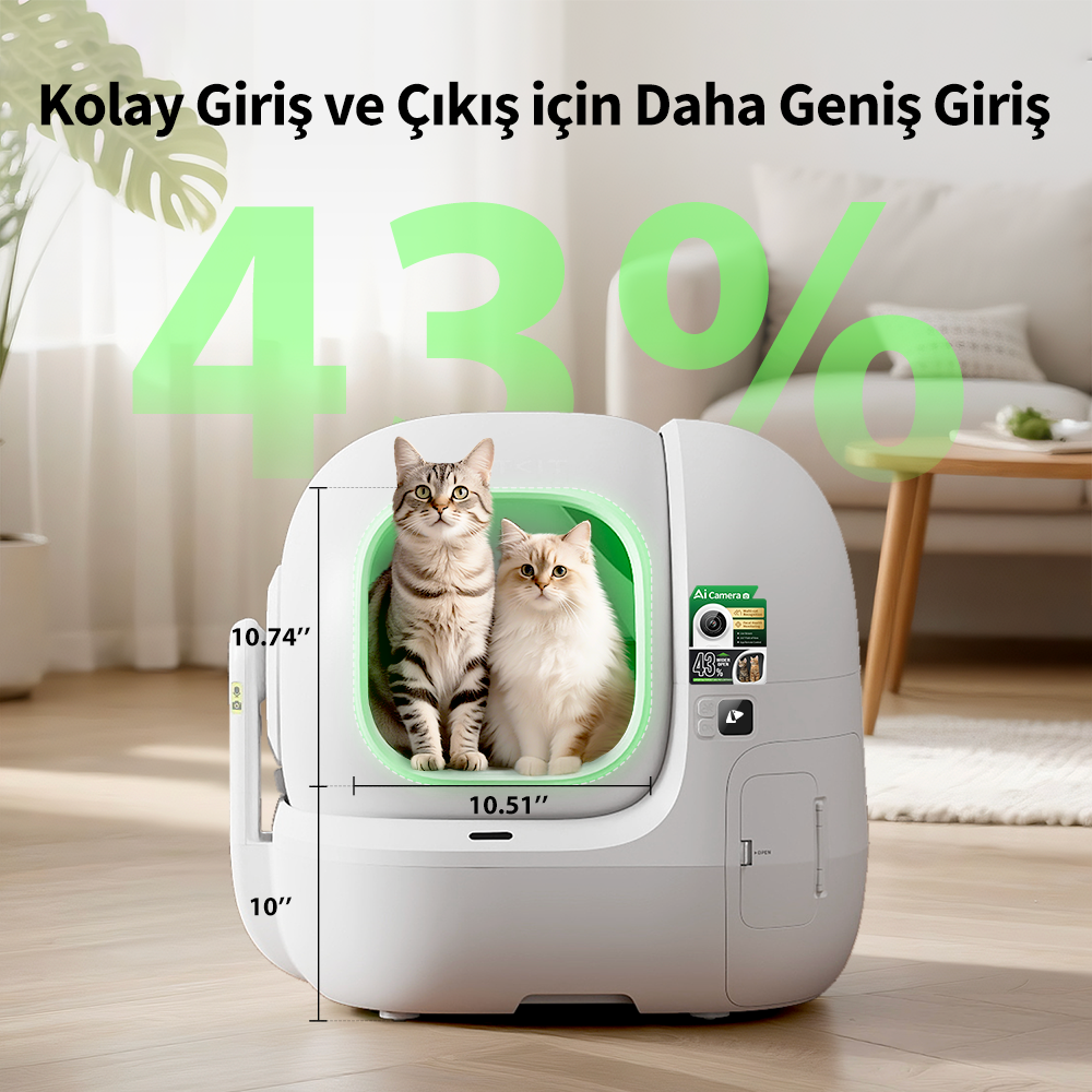 İki kedi boyutları gösterilen beyaz otomatik kum kabında oturuyor.