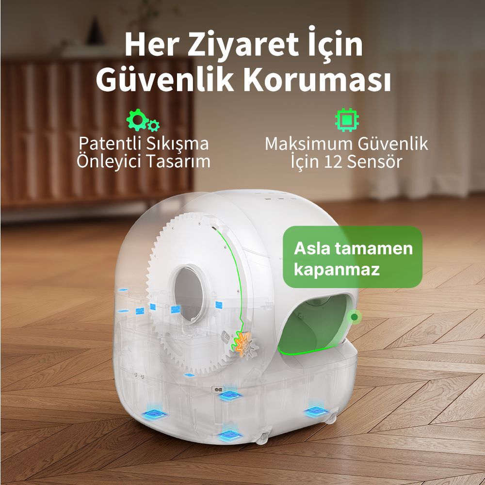 Güvenlik için tasarlanmış, dişlileri gösteren şeffaf kasalı beyaz bir cihaz.