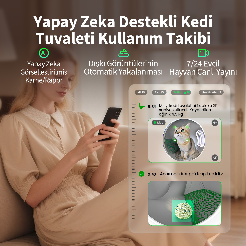 Kadın, kedi ve sağlık verilerini gösteren yapay zeka kedi tuvaleti uygulaması yanında telefon kullanıyor.