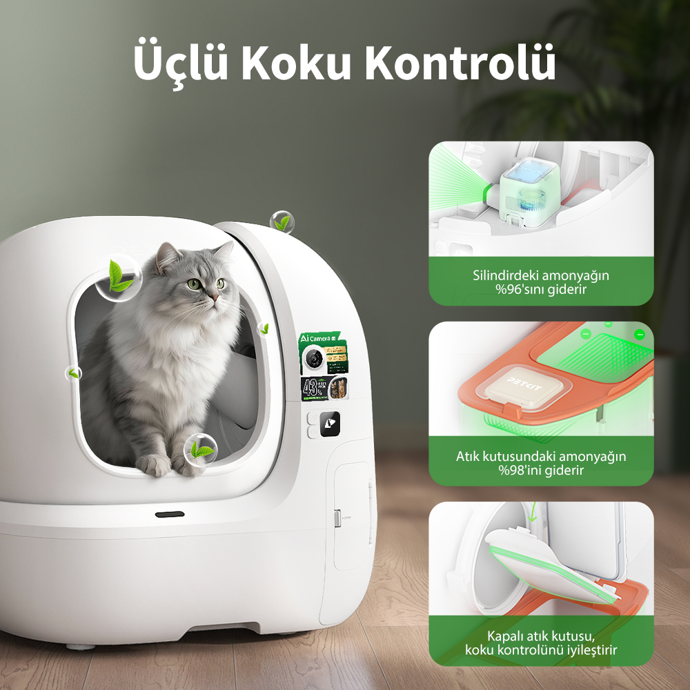 Gri bir kedi, koku kontrolünü gösteren üç diyagramla beyaz, kendi kendini temizleyen bir kedi tuvaletinde oturuyor.
