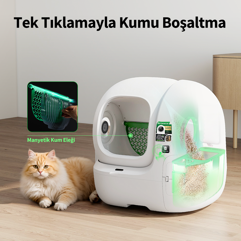 Bir kedi, kumu temizleyen otomatik bir kedi tuvaletinin yanında yatıyor.