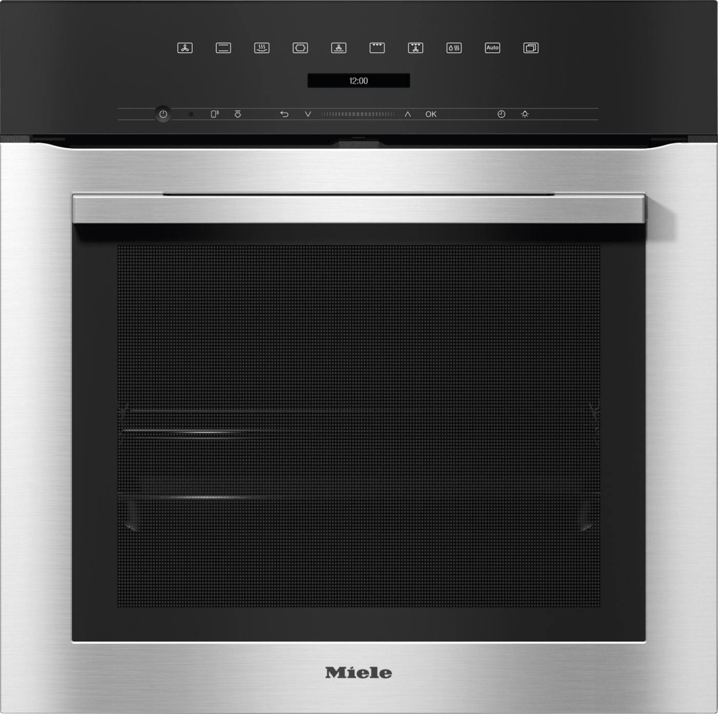 Ein moderner Miele-Ofen mit digitaler Anzeige und Edelstahldetails.