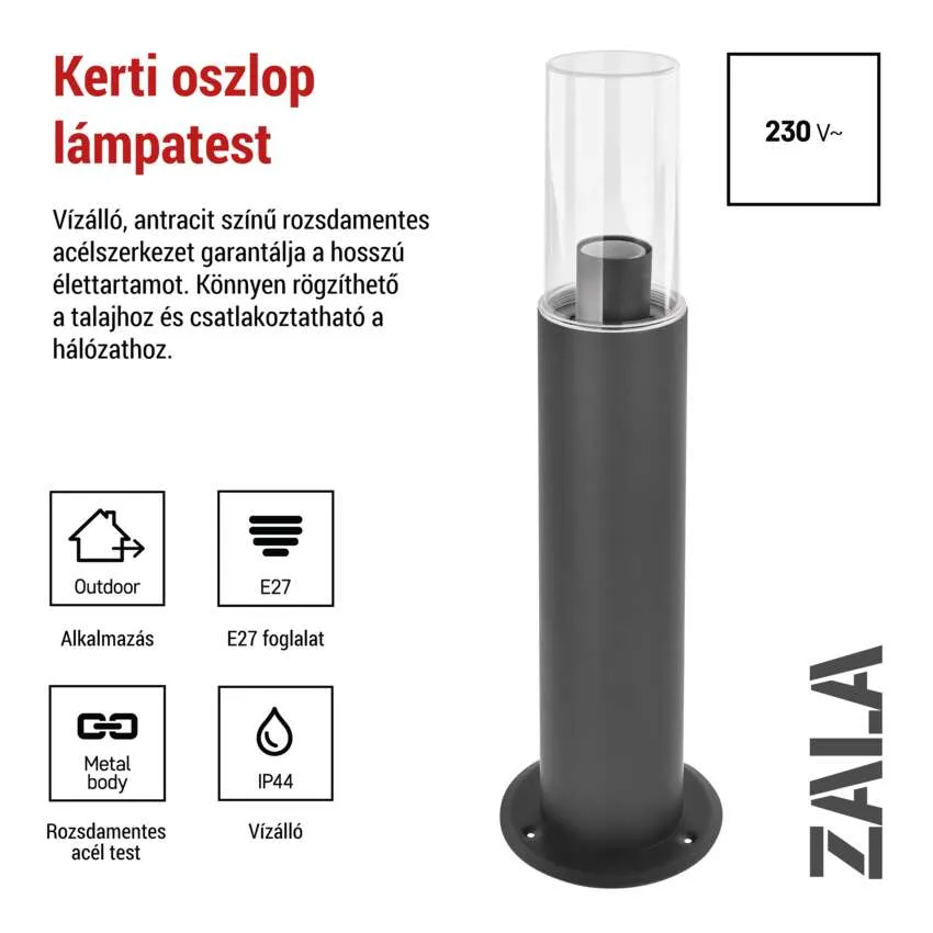 Kültéri antracit rozsdamentes acél lámpatest üveghengerrel, E27 foglalattal, IP44.