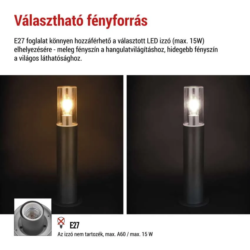 Két kültéri lámpa E27 foglalattal: meleg és hideg fényű.