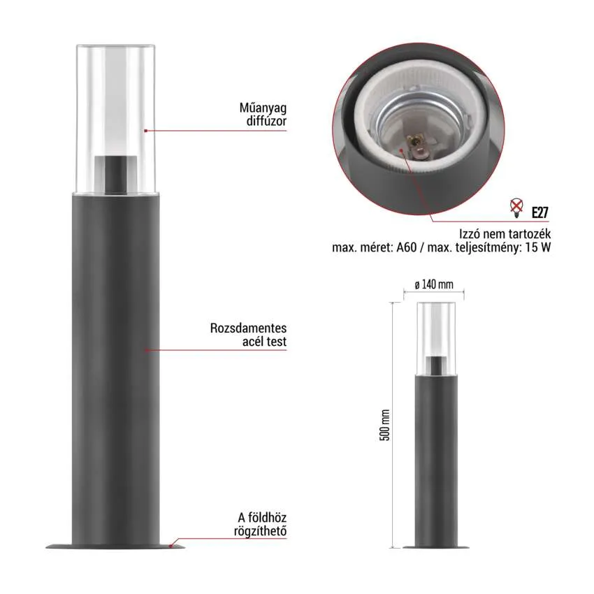 Sötét oszlop műanyag diffúzorral. Méretek: 500mm magas, 140mm átmérő.