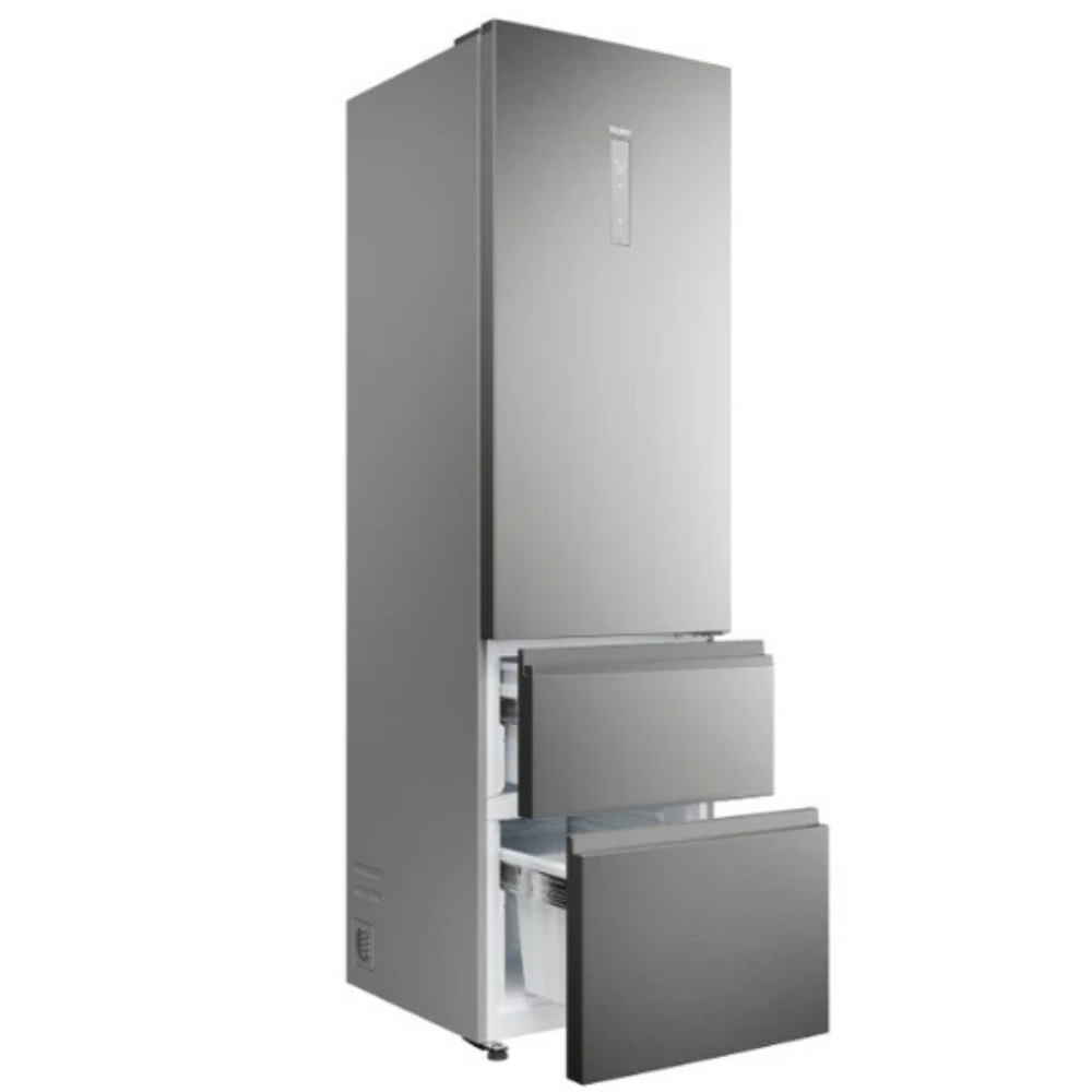 Un refrigerador delgado y plateado con dos cajones extraíbles.