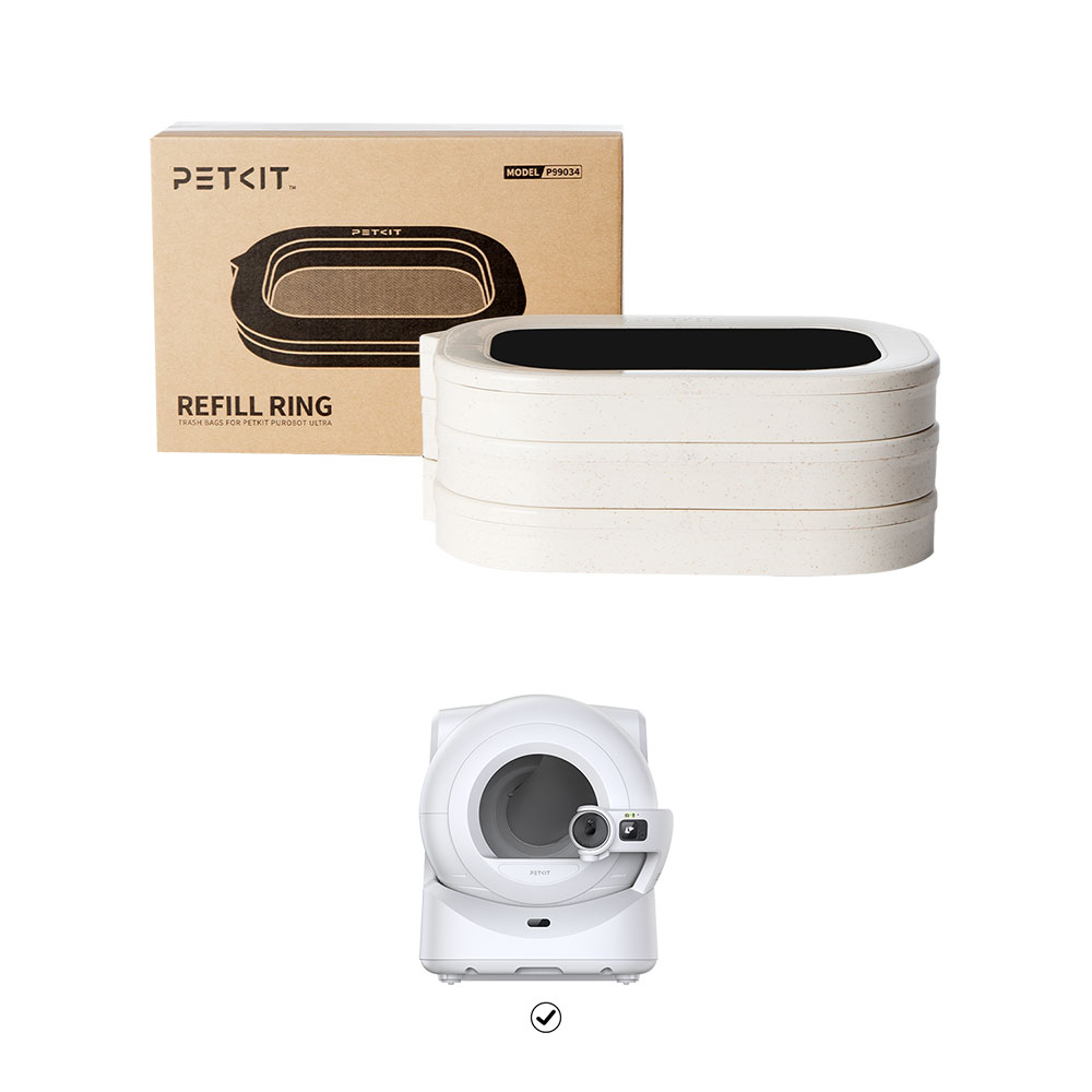 PETKIT kedi tuvaleti ve yedek halkaları beyaz arka planda.