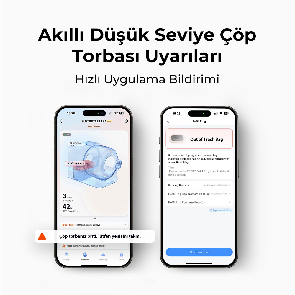 İki telefon ekranı, torbanın boş olduğunu belirten bir çöp kutusu bildirimi gösteriyor.