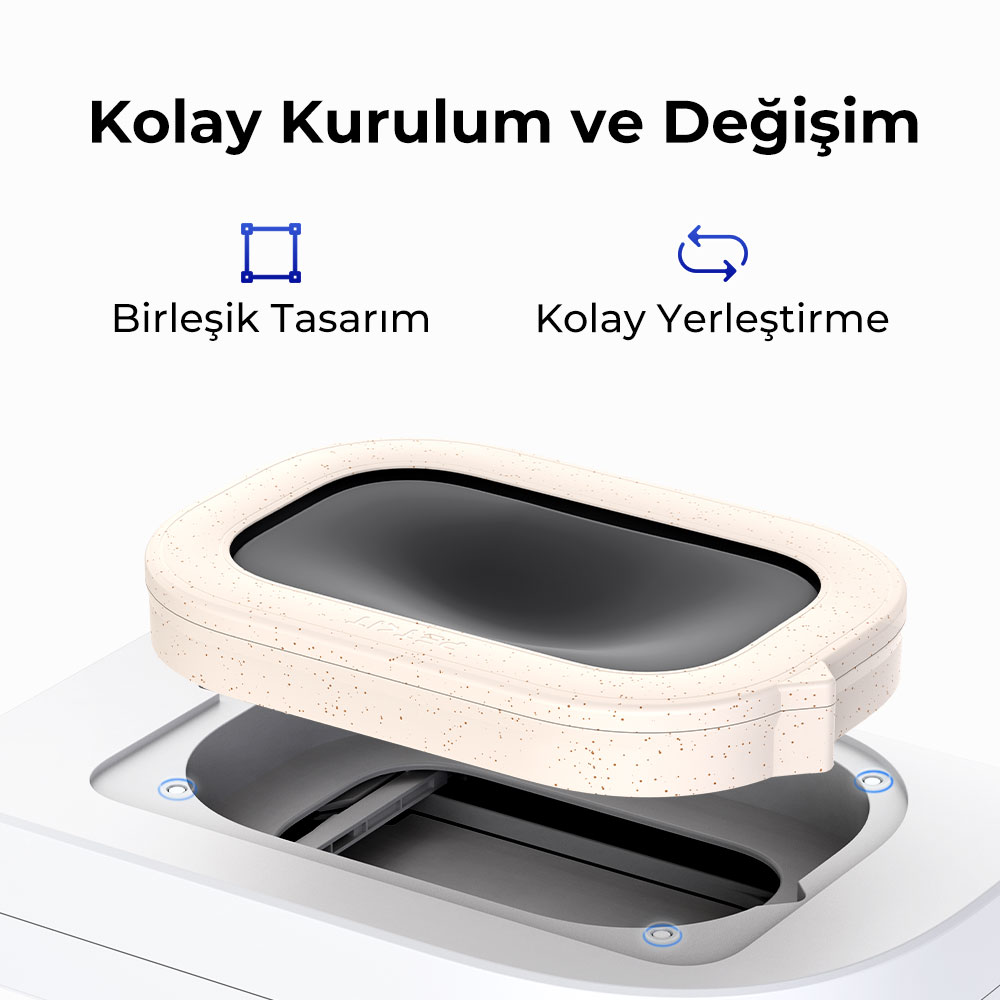Açık bej kapak, koyu ek parçasıyla beyaz tabana monte ediliyor.
