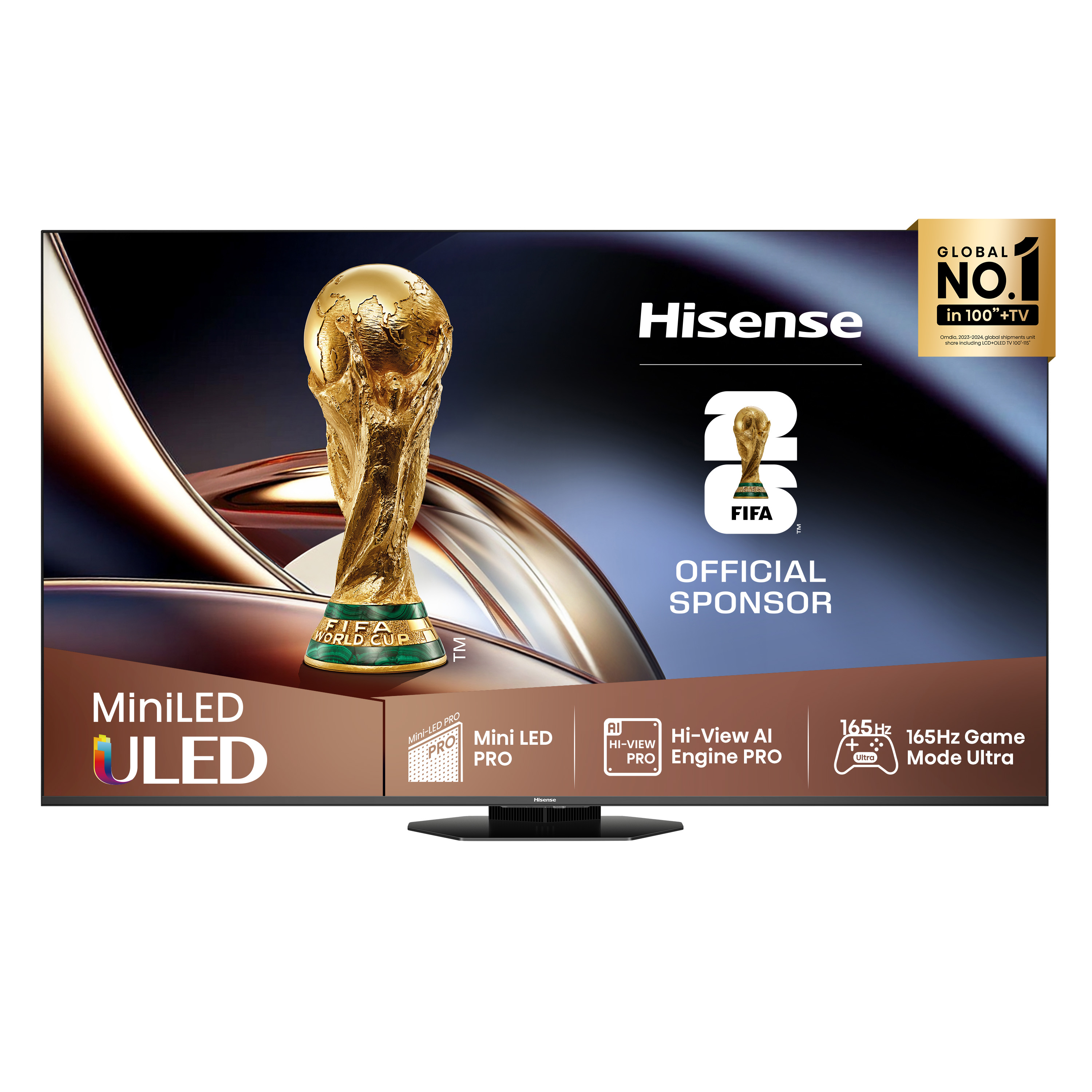 Telewizor Hisense z pucharem MŚ FIFA, "MiniLED ULED" i logo "Global No.1".
