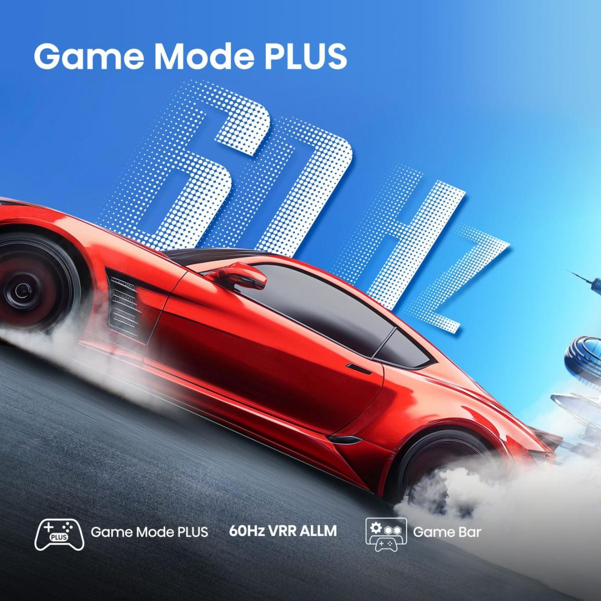 Czerwony samochód sportowy pędzi, tworząc dym. Widoczne "Game Mode PLUS" i "60Hz VRR ALLM".