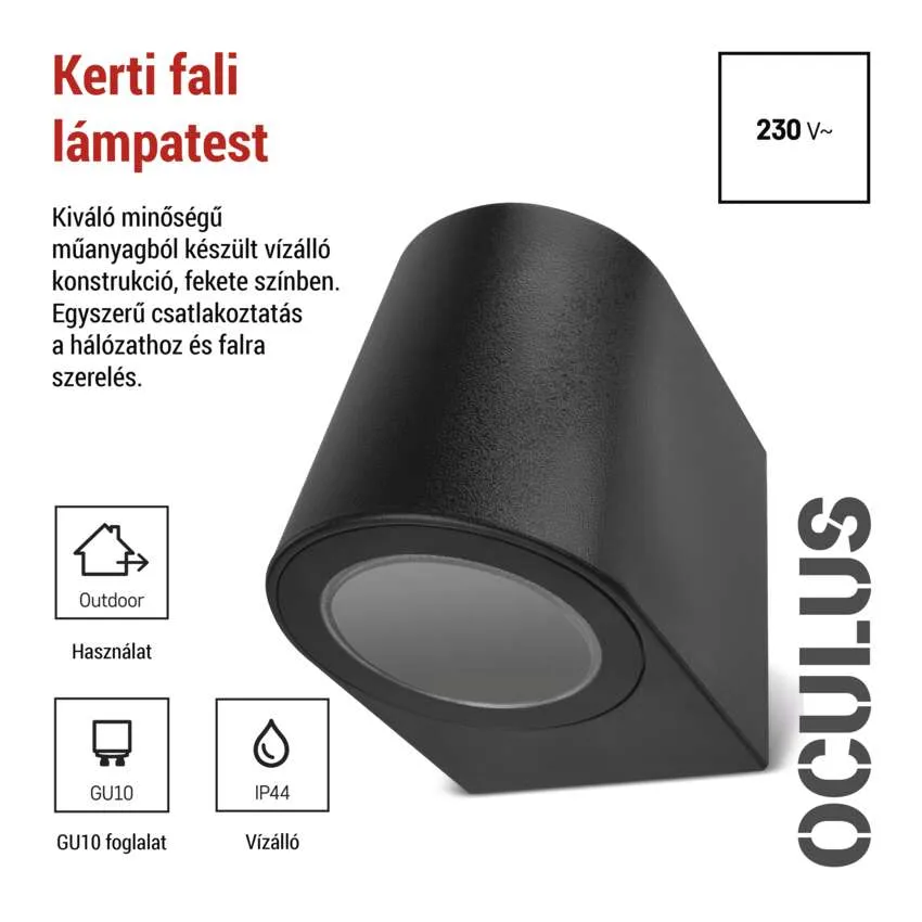 Fekete kültéri fali lámpatest, kiváló minőségű, vízálló műanyagból. GU10 foglalat.
