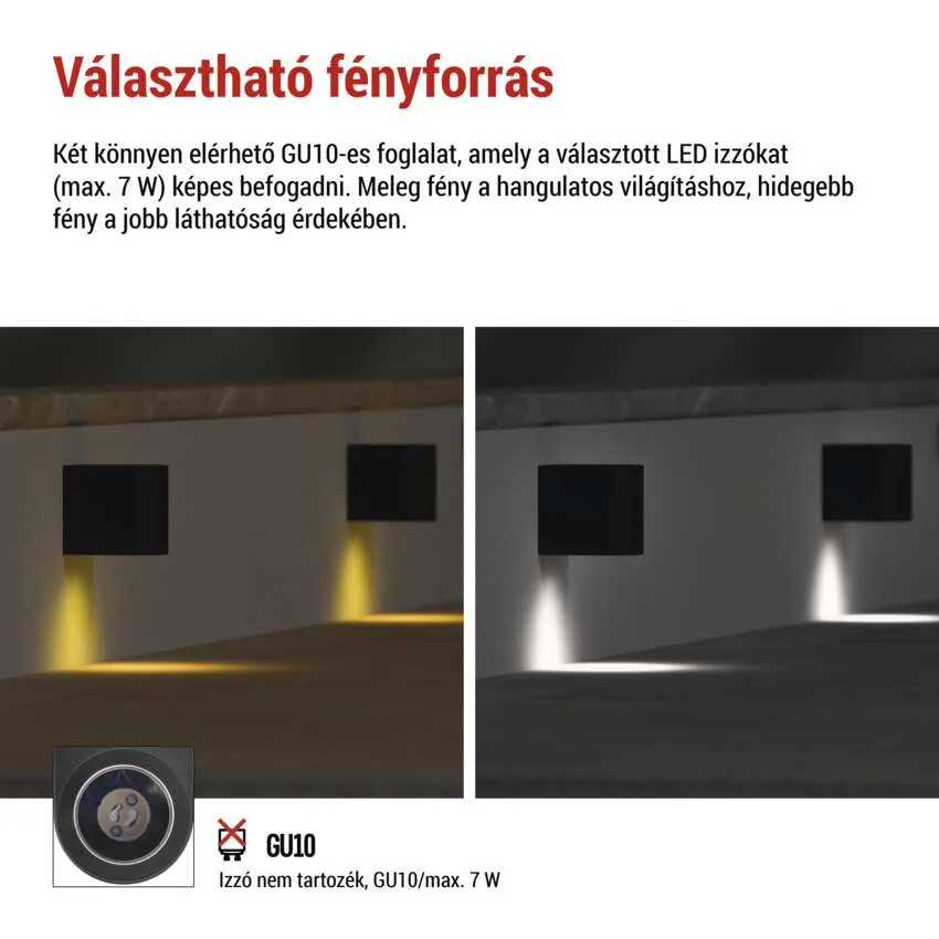 Két GU10 foglalat meleg és hideg fényt mutat a falon.