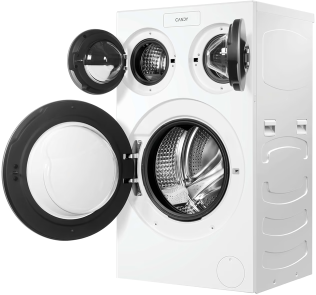 Machine à laver blanche avec trois portes de tambour ouvertes et tambours argentés.