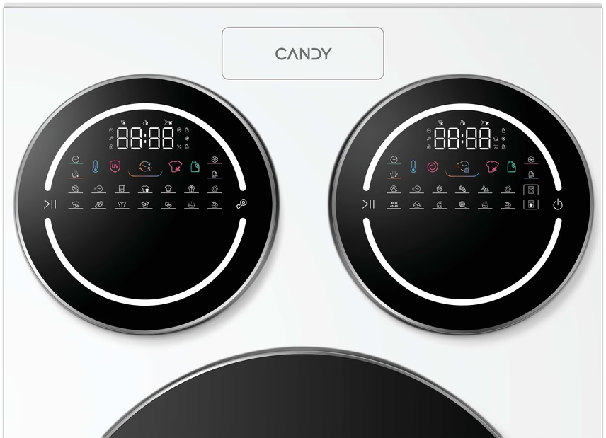 Deux écrans numériques ronds avec icônes et minuterie sur une machine à laver Candy blanche.