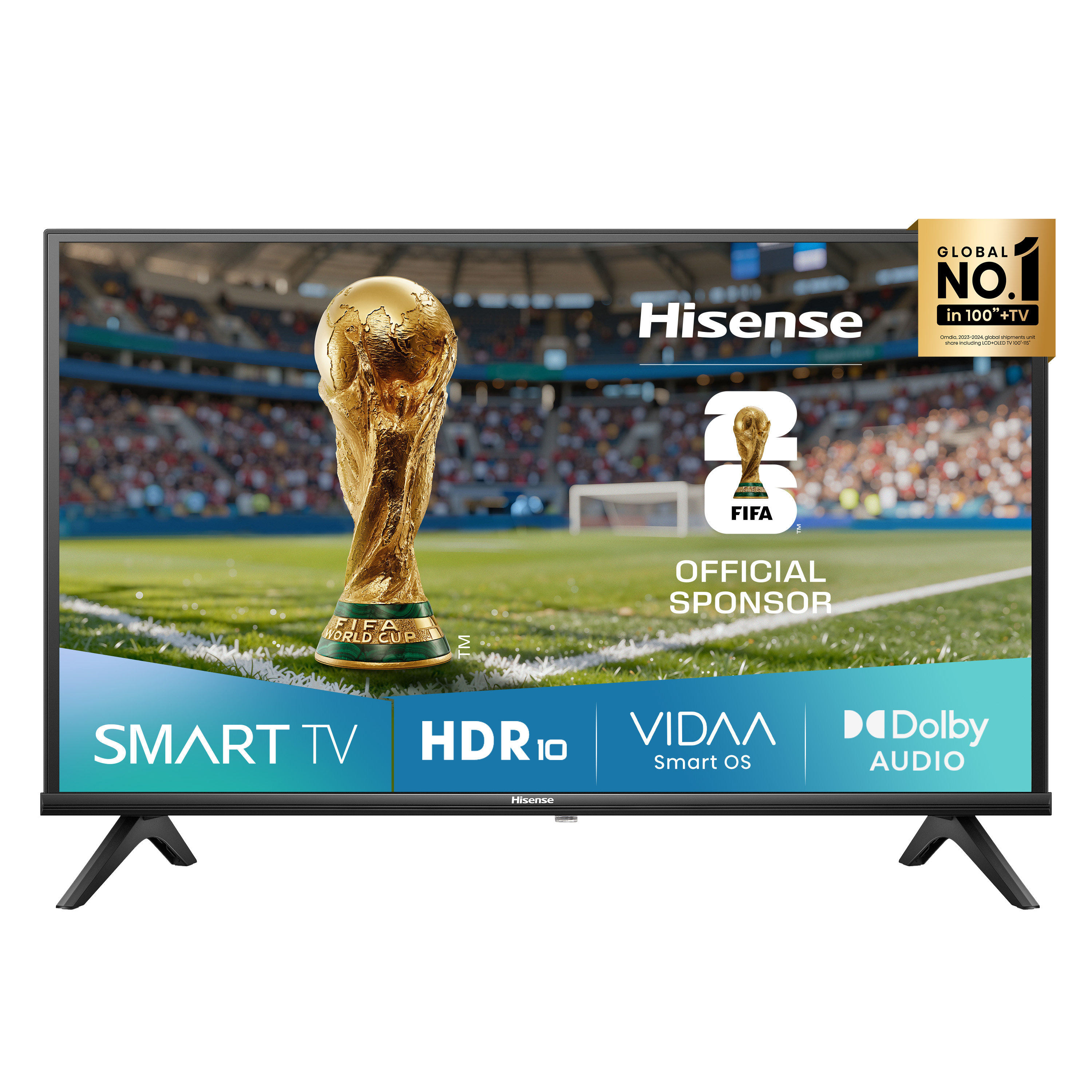 Telewizor Hisense z pucharem MŚ, boiskiem, trybunami. Funkcje Smart TV.