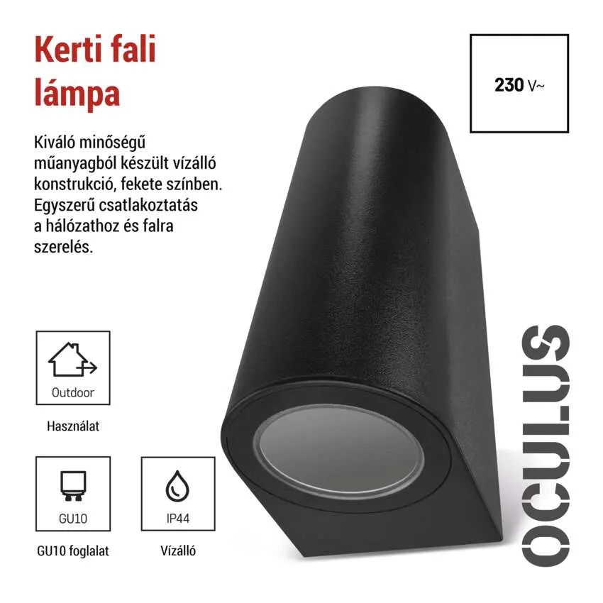 Fekete, vízálló kültéri fali lámpa, GU10 foglalat, 230V.