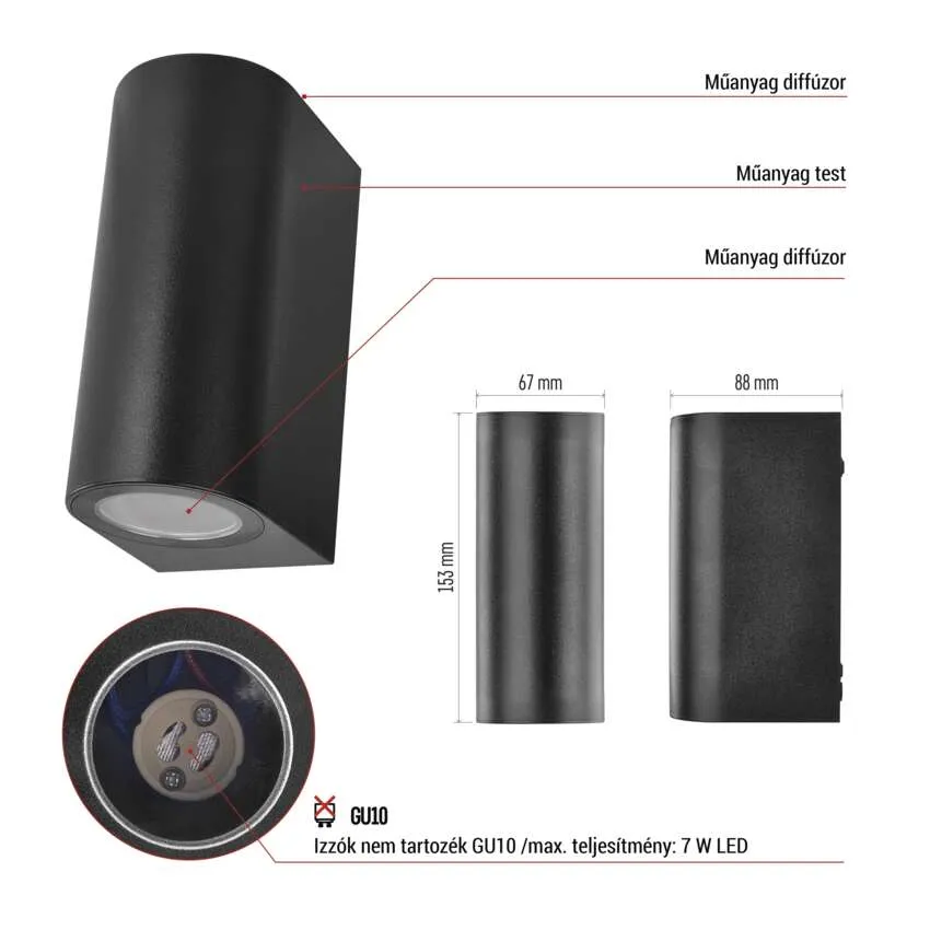 Fekete fali lámpa méretekkel, GU10 foglalat, 7W LED.