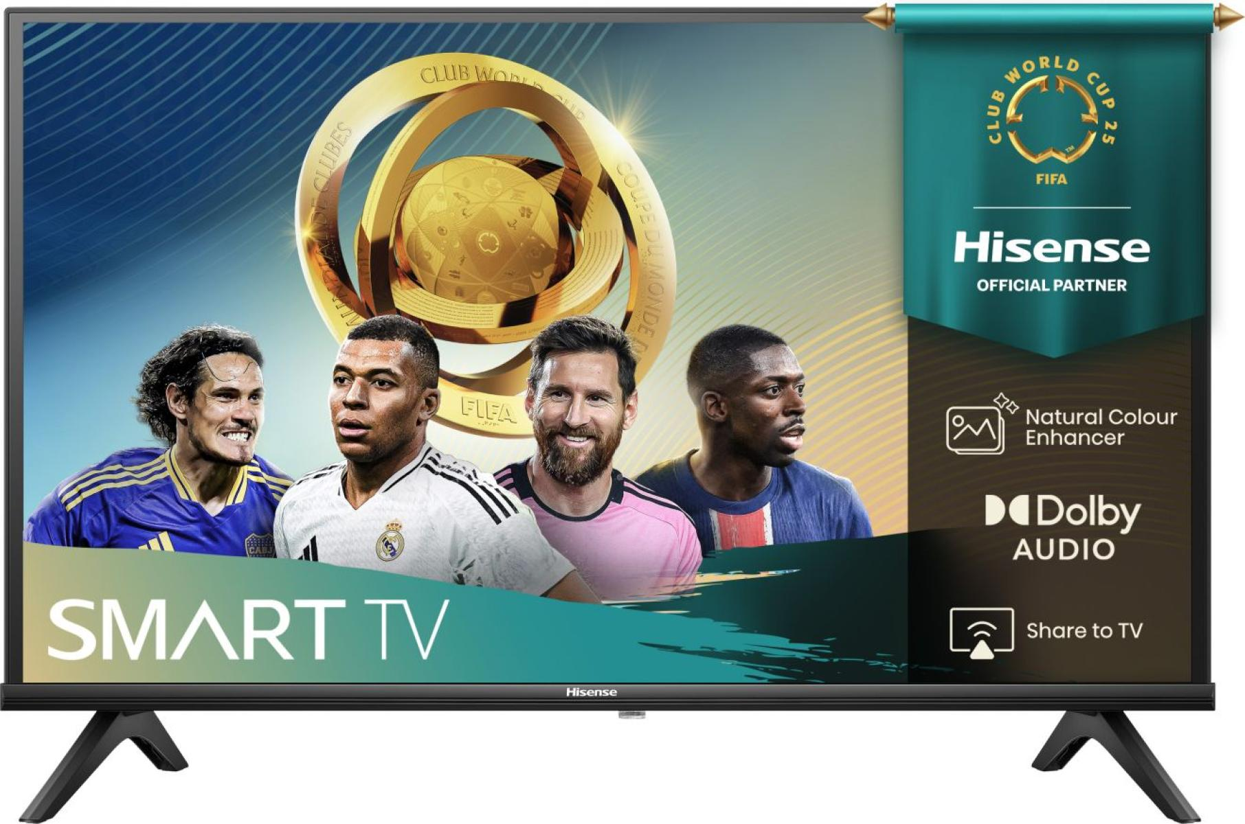 Telewizor Smart TV Hisense wyświetla czterech piłkarzy, puchar MŚ FIFA i funkcje.