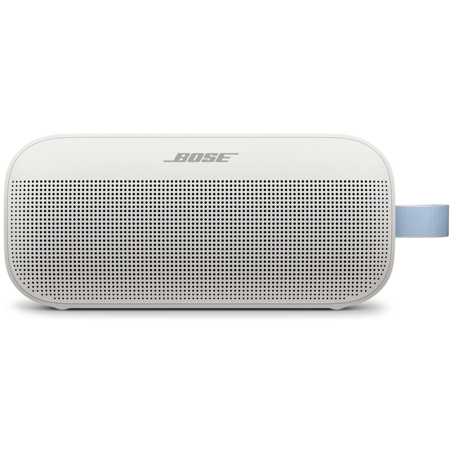 Witte Bose SoundLink Flex Bluetooth speaker met een lichtblauwe draagband.