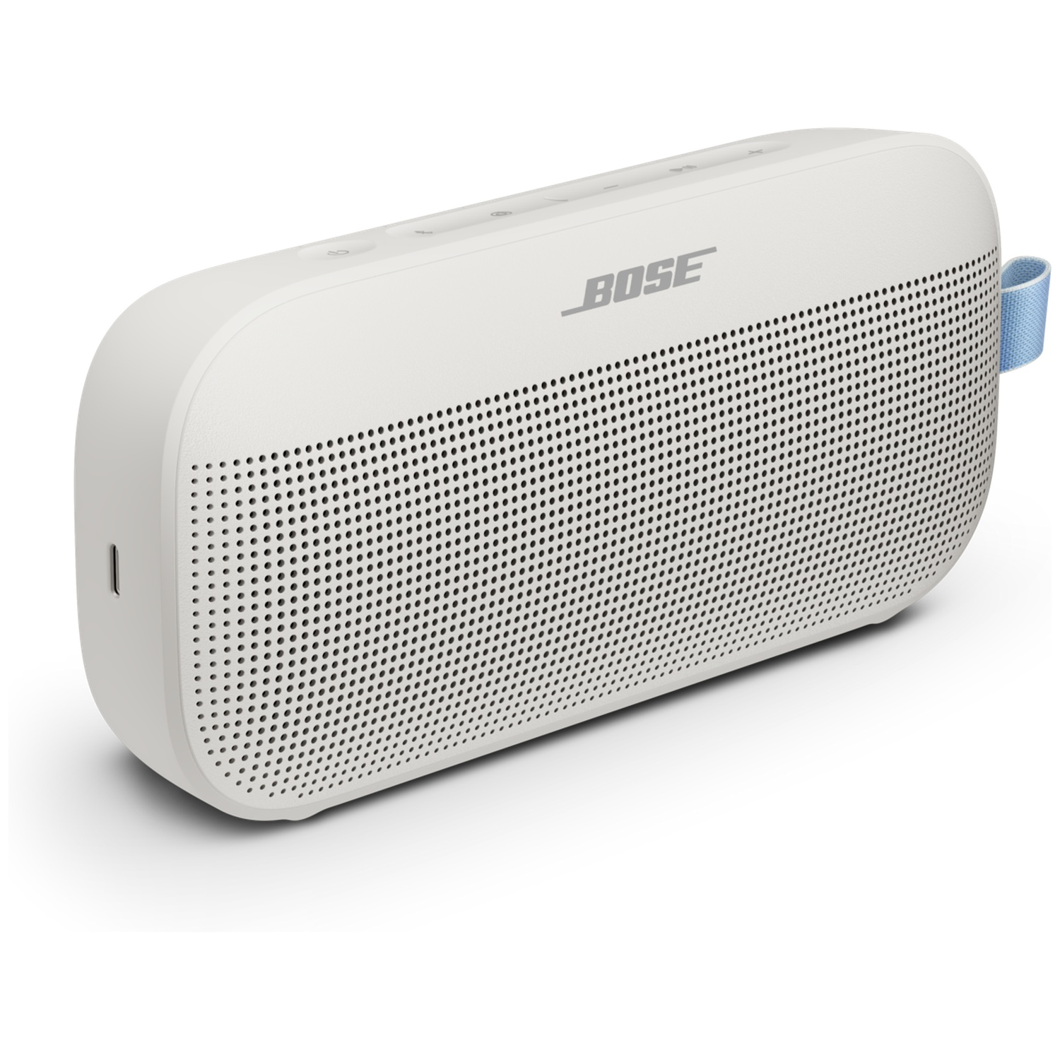 Witte Bose speaker met oplaadpoort en blauw lusje.