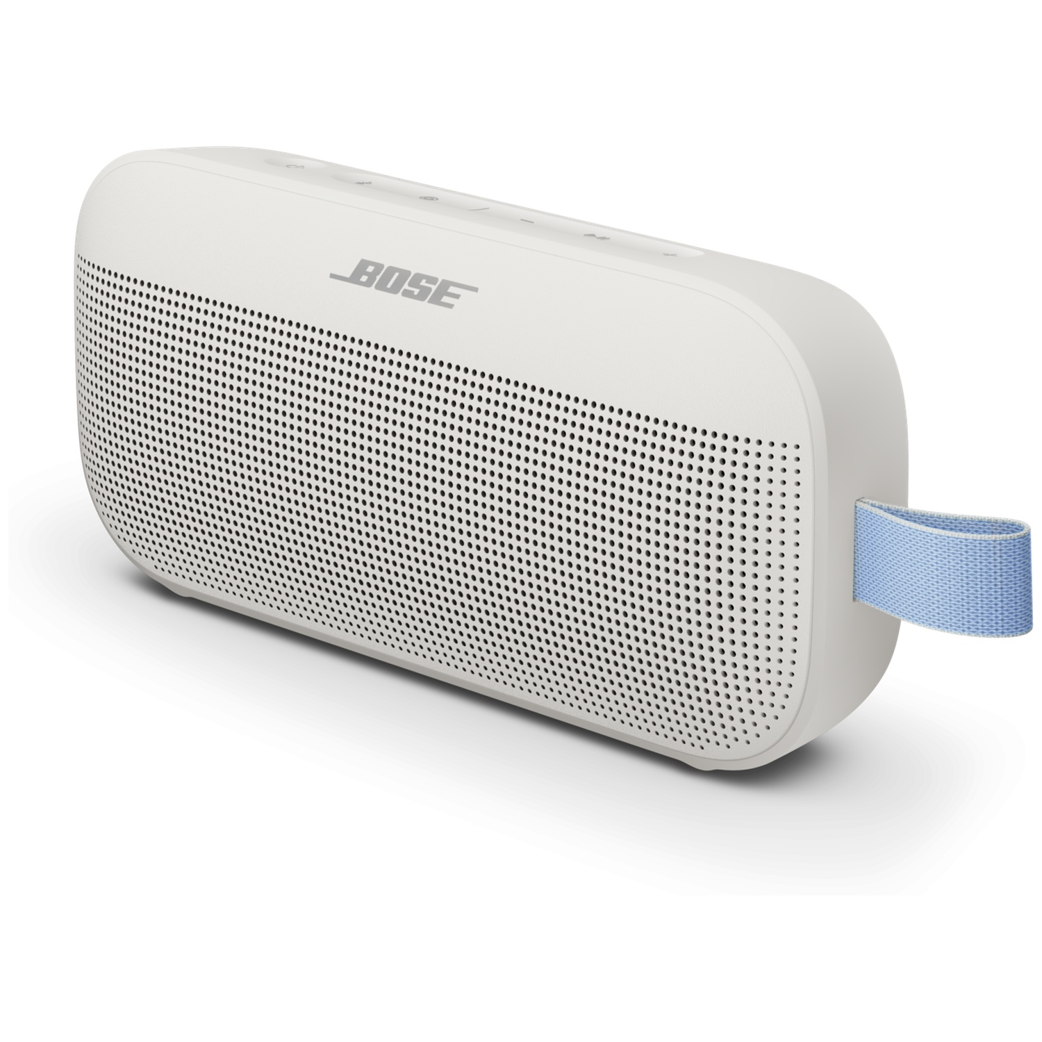 Witte Bose speaker met blauwe lus en geperforeerd front.