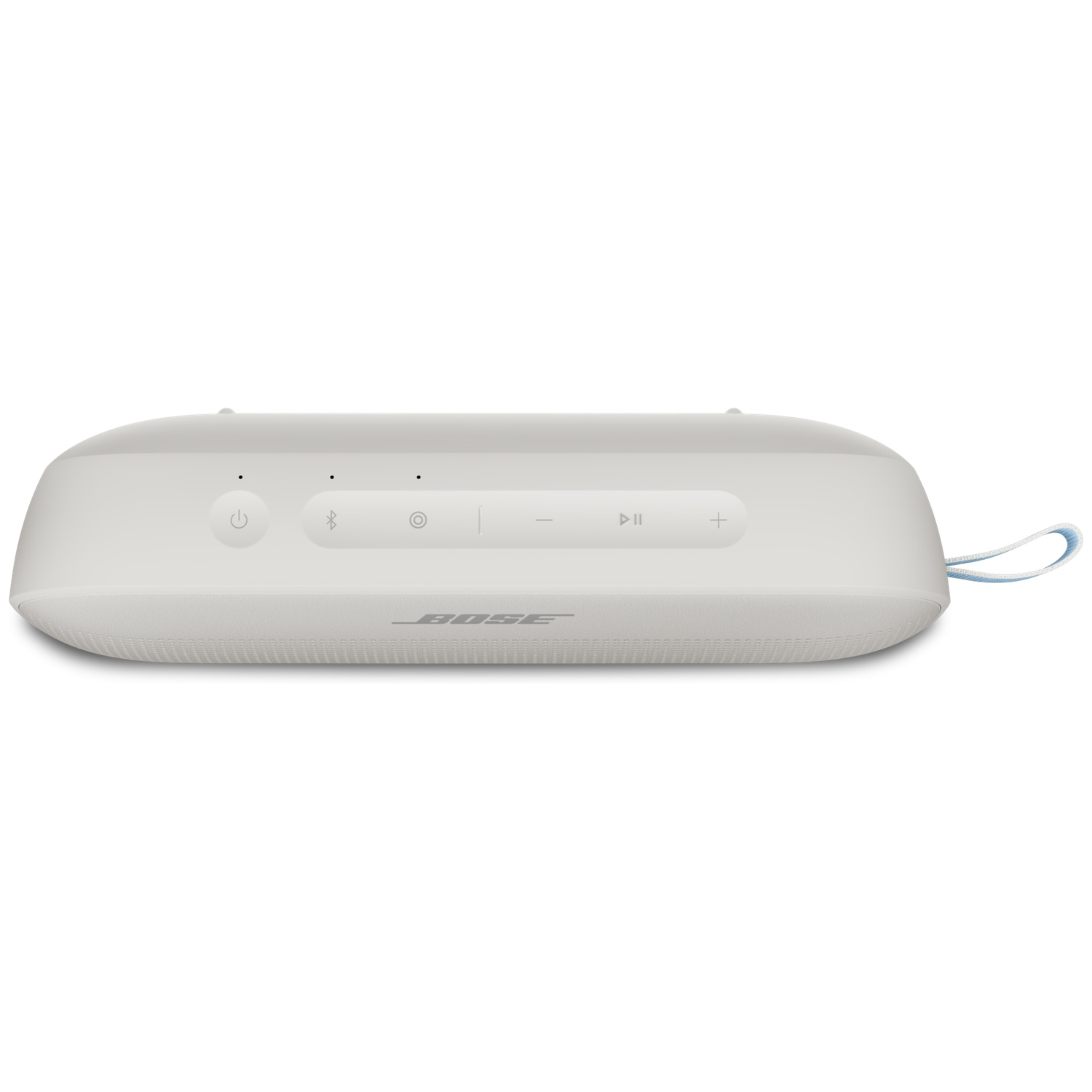 Witte Bose luidspreker met bedieningsknoppen en draaglus.