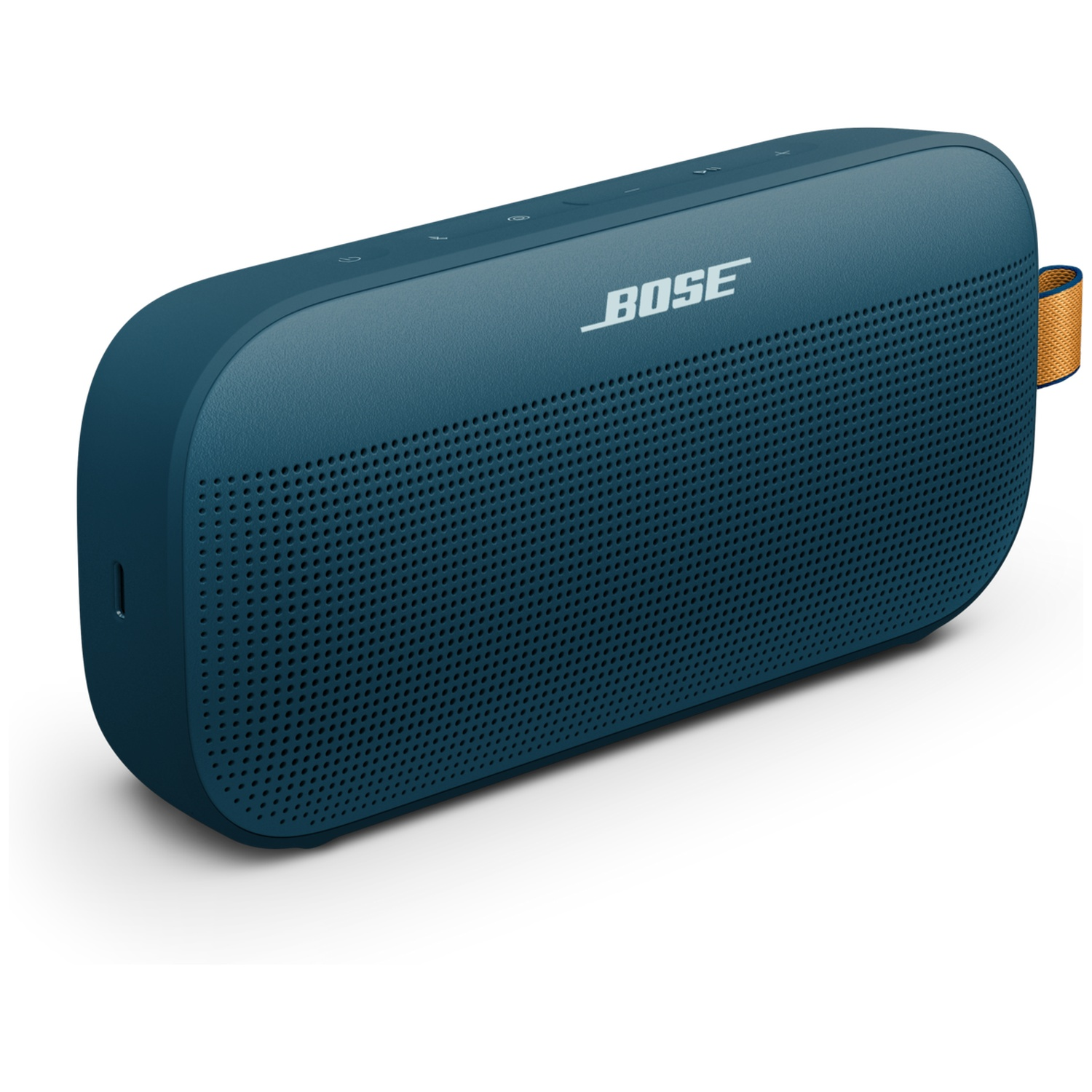 Donkerblauwe BOSE Bluetooth speaker met gele lus en USB-C poort.