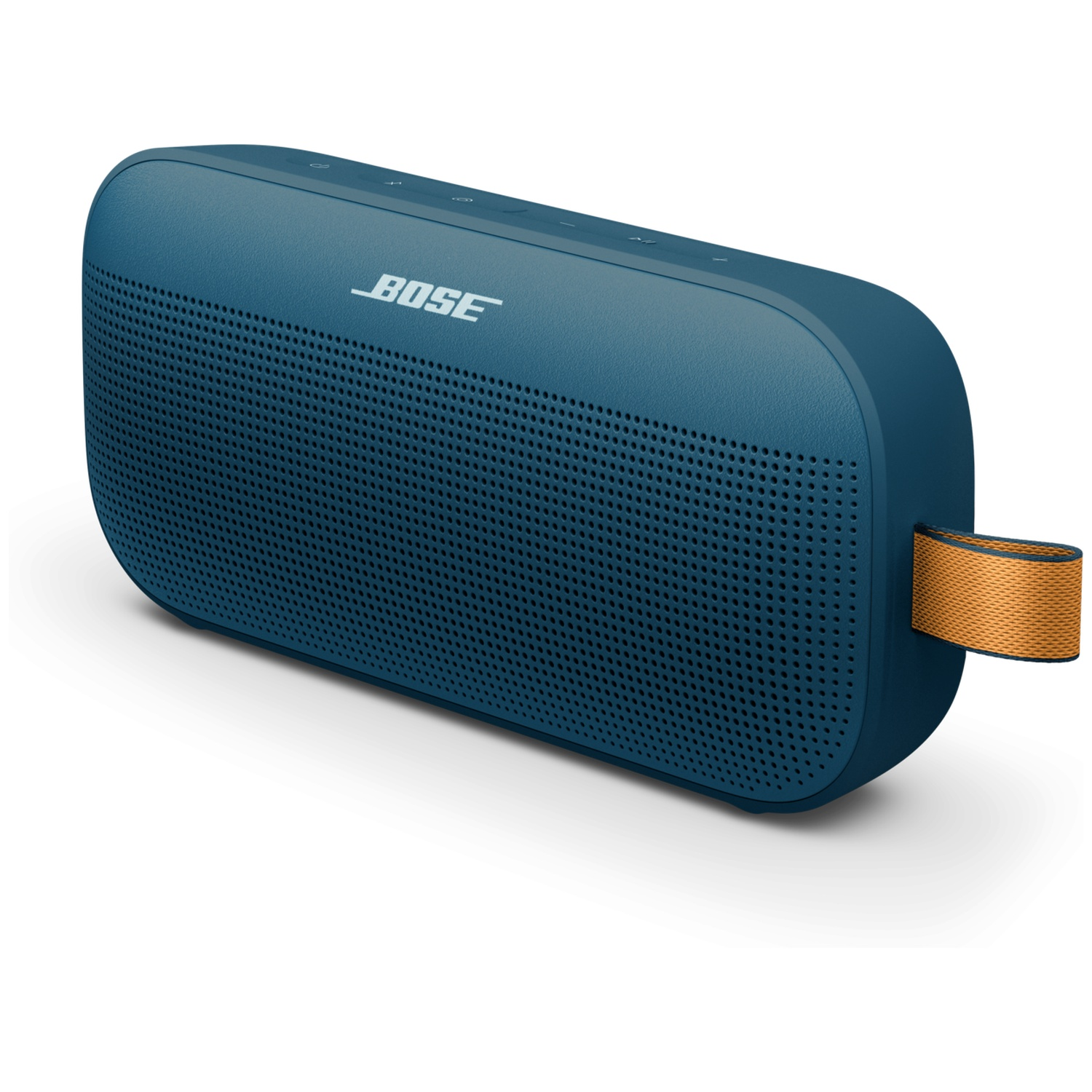 Een blauwe Bose speaker met oranje band, op een witte achtergrond.