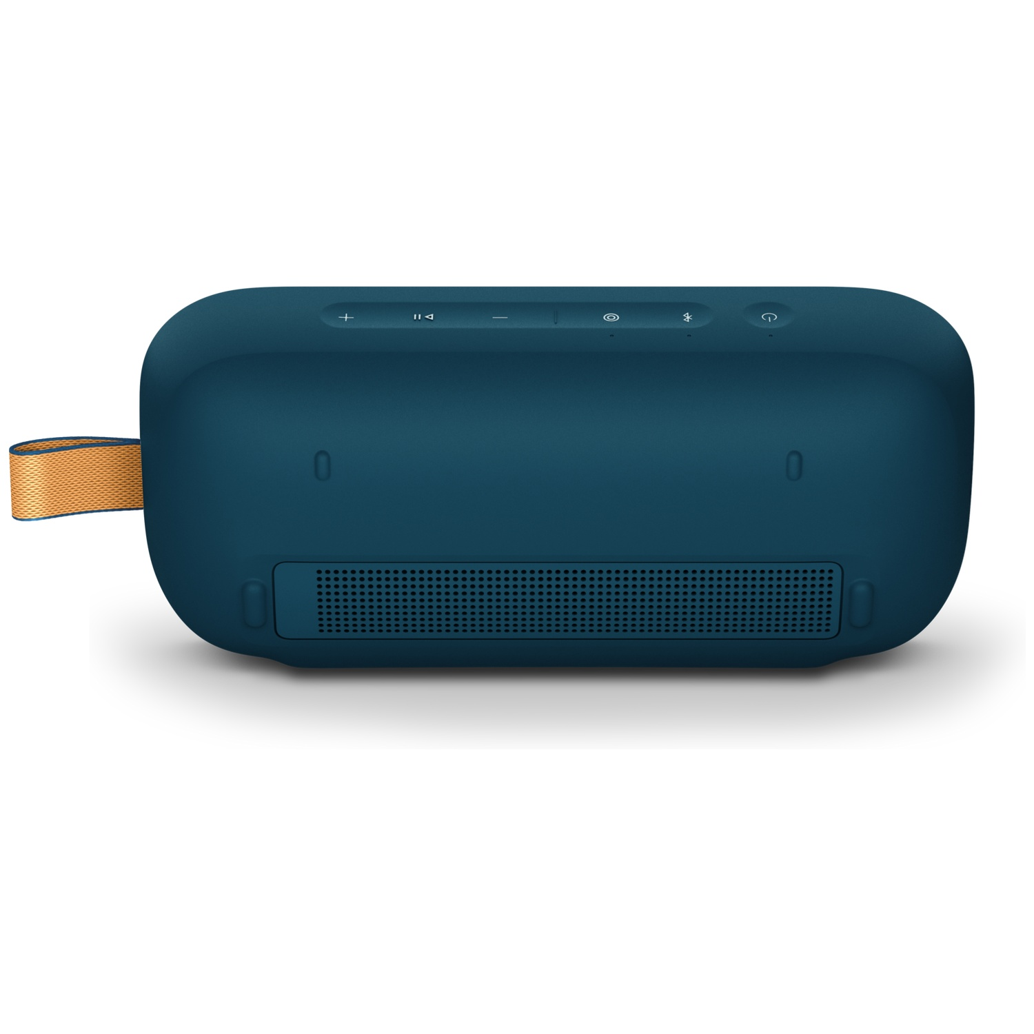 Een blauwe Bluetooth speaker met oranje band en knoppen bovenop.