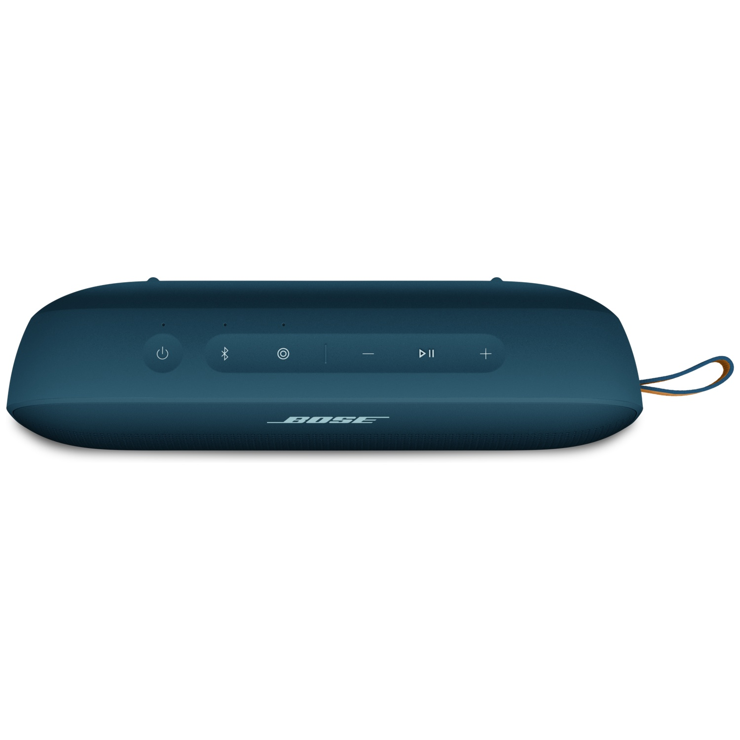 Een blauwe Bose speaker met bedieningsknoppen en een lus.