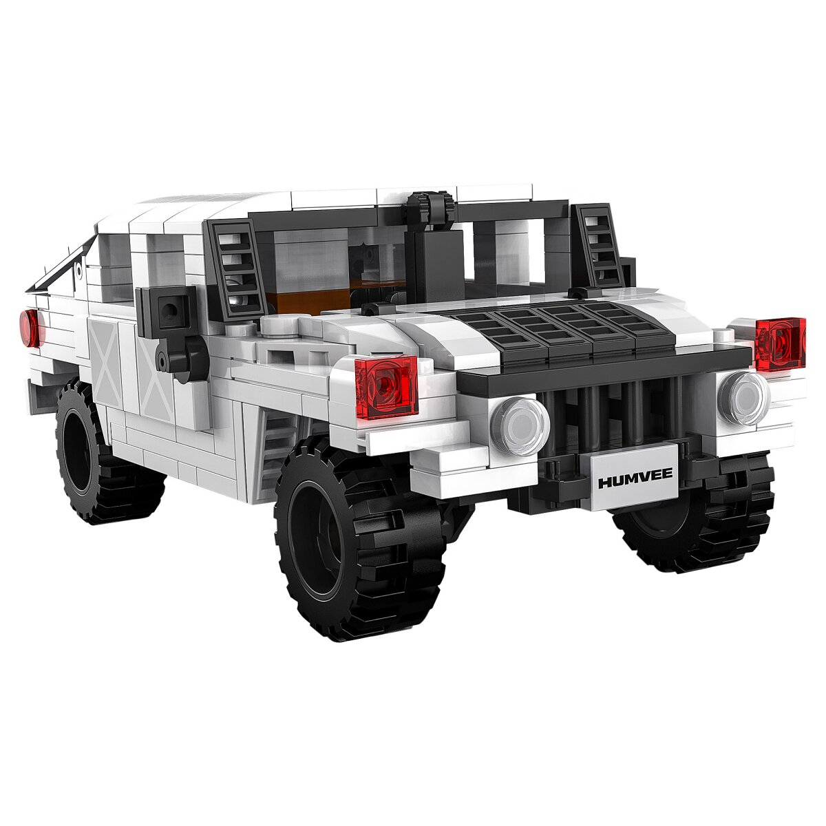 Fehér Humvee építőkockákból, fekete díszítéssel.