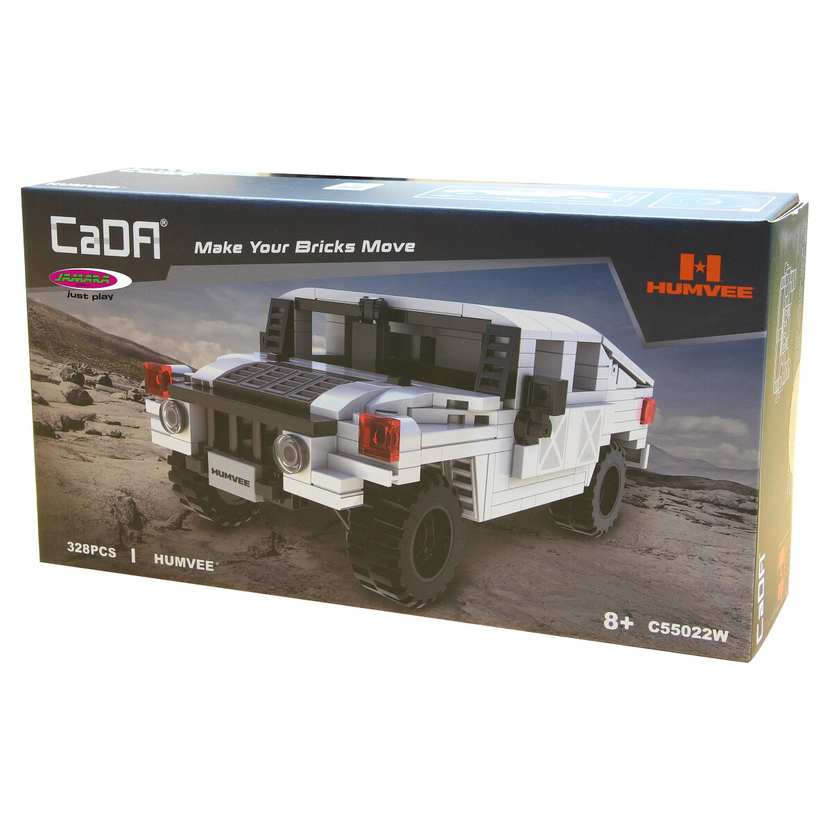 Egy fehér téglaépítésű jármű doboza, Humvee márkajelzéssel és sivatagi tájképpel.