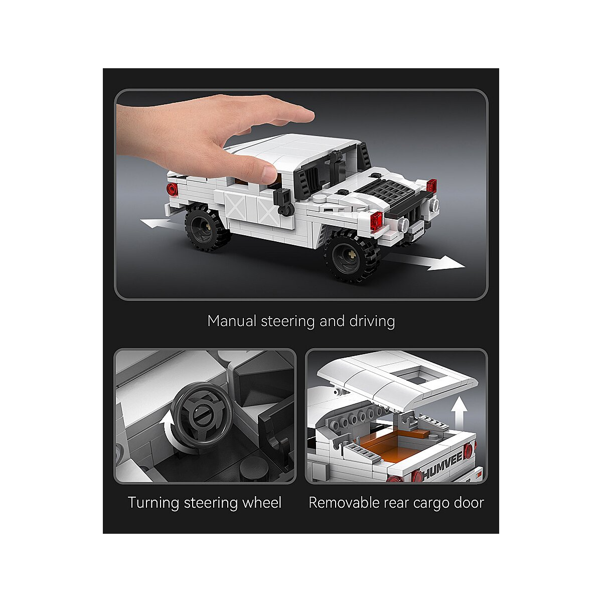 Fehér Lego Hummer modell kézzel vezetve. Belső kormánykerék, hátsó ajtó.