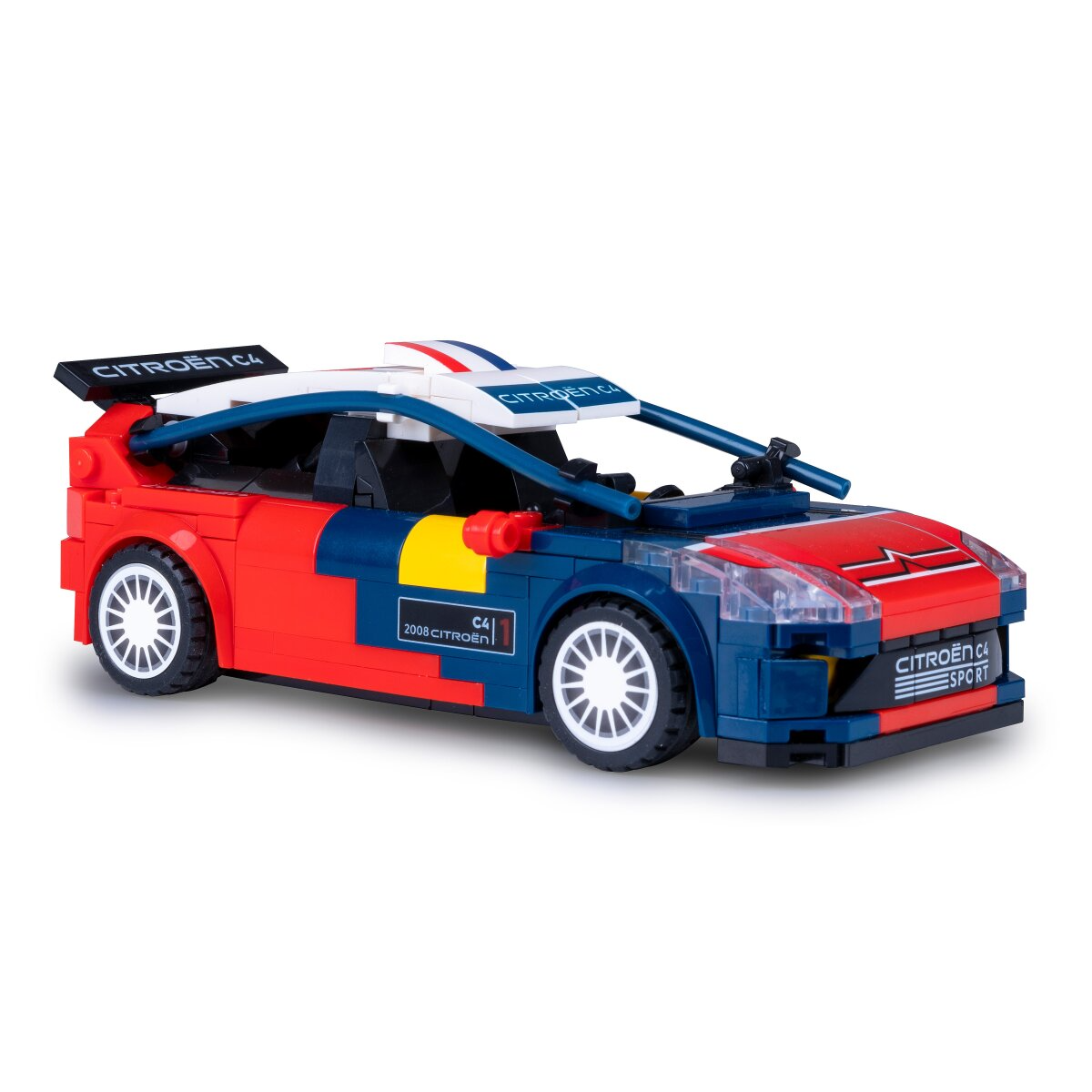 Piros, kék és fehér Lego autó légterelővel.