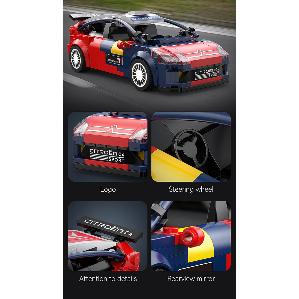 Egy kék és piros Lego autó sárga díszítéssel, CITROËN C4 SPORT felirattal.