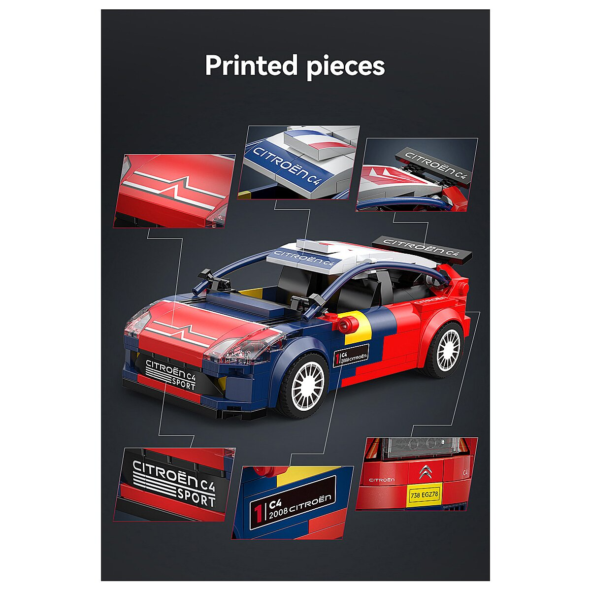 Kék és piros Citroën C4 Sport versenyautó modellkészlet matricákkal.