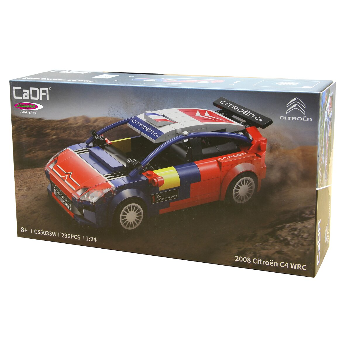 Egy piros, kék és fehér Citroën C4 WRC raliautó Lego modell doboza.
