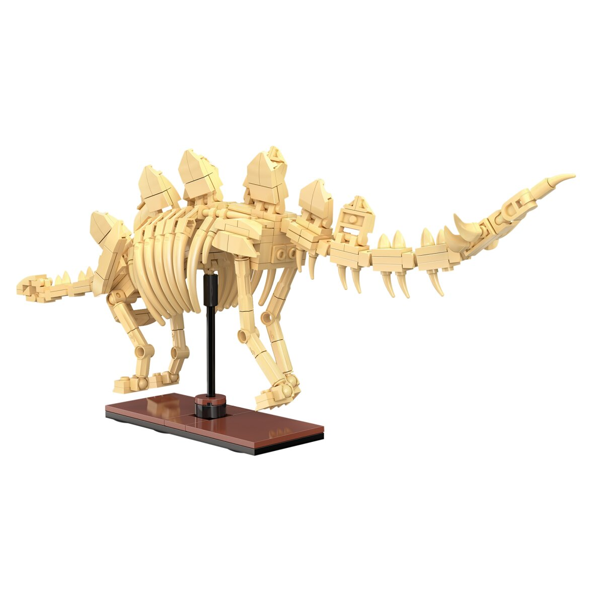 Egy bézs színű, építőkockákból készült dinoszaurusz csontváz tartón.
