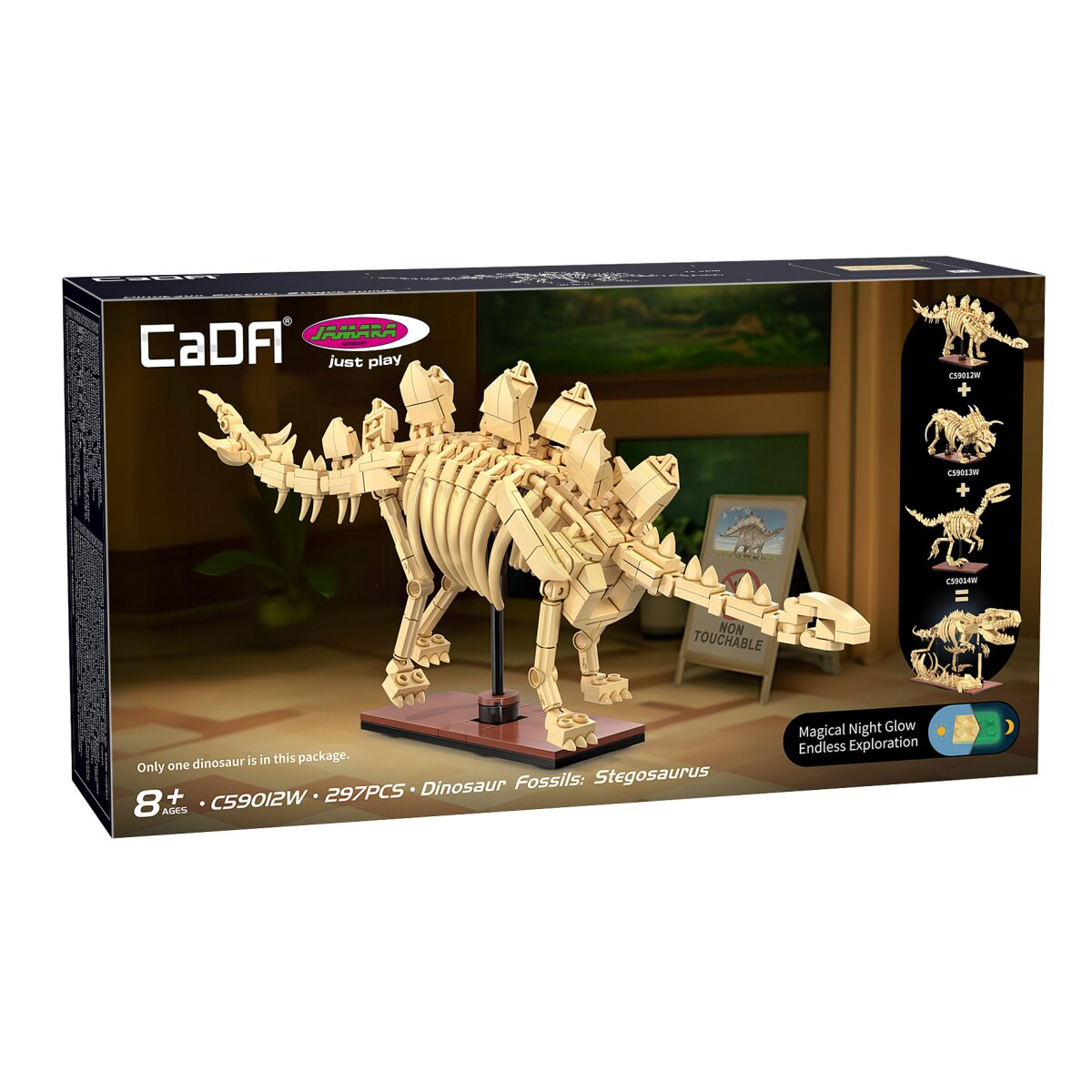 Egy bézs színű Stegosaurus csontváz modellkészlet CaDA logóval. A dobozon láthatók a készlet részletei és más modellek.