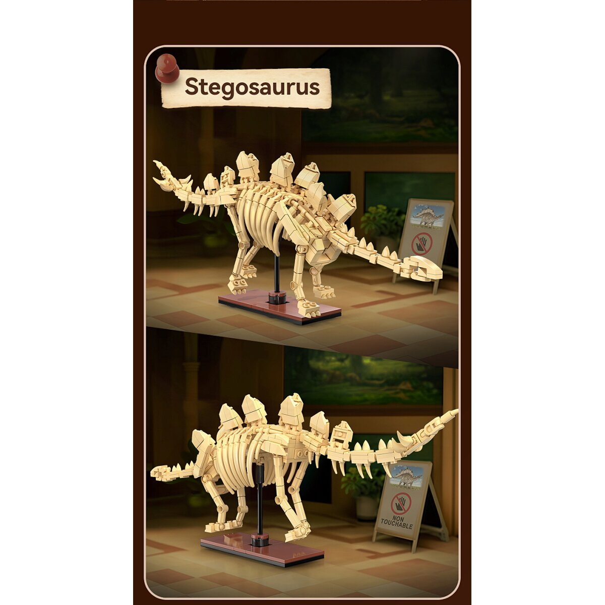 Egy fából készült Stegosaurus csontváz modell kiállítva.