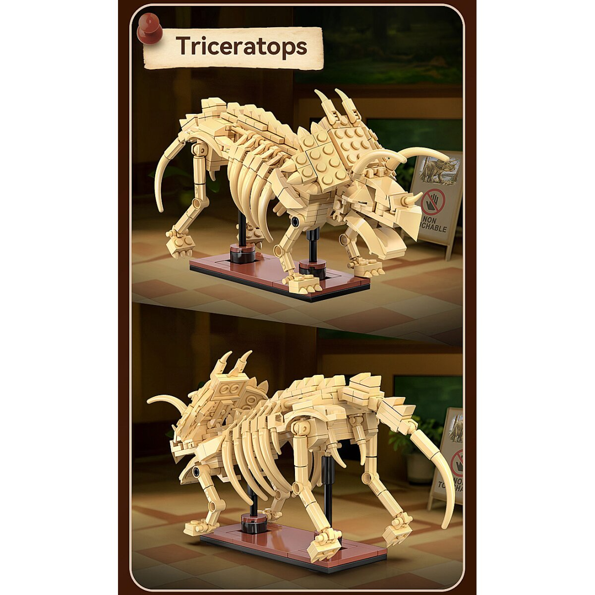 Két legóból épült Triceratops csontváz modell állványon.